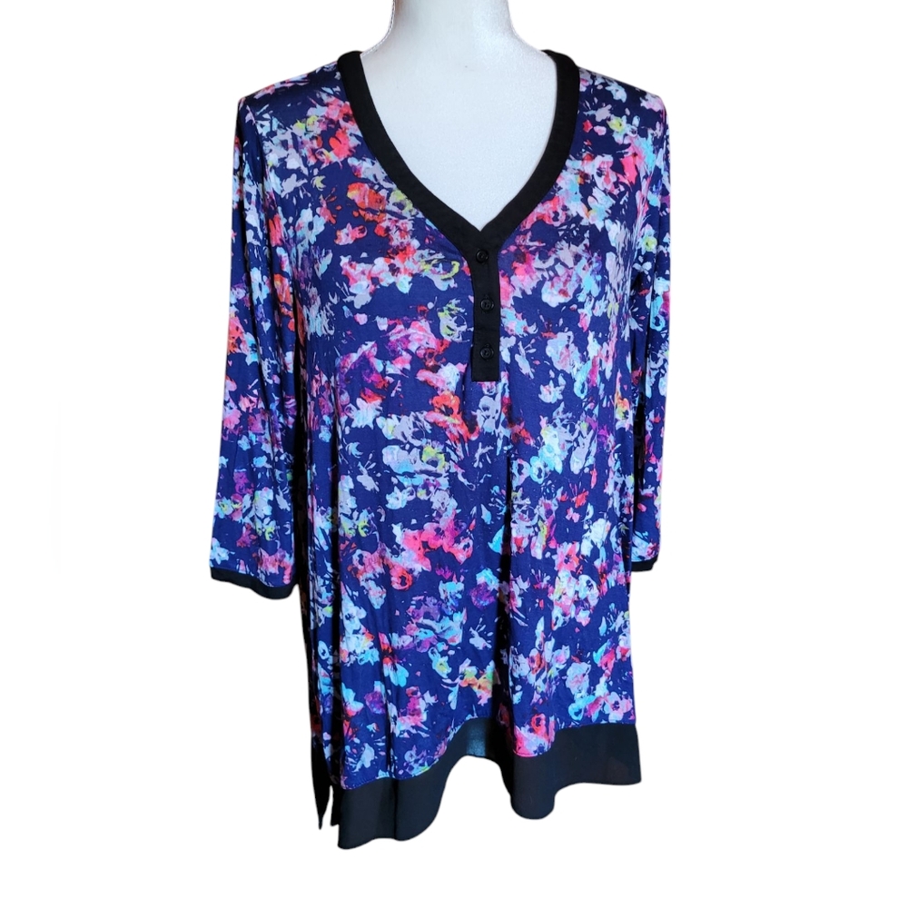 Vera Wang Floral V-Neck Women's Top - Multicolor Size L
